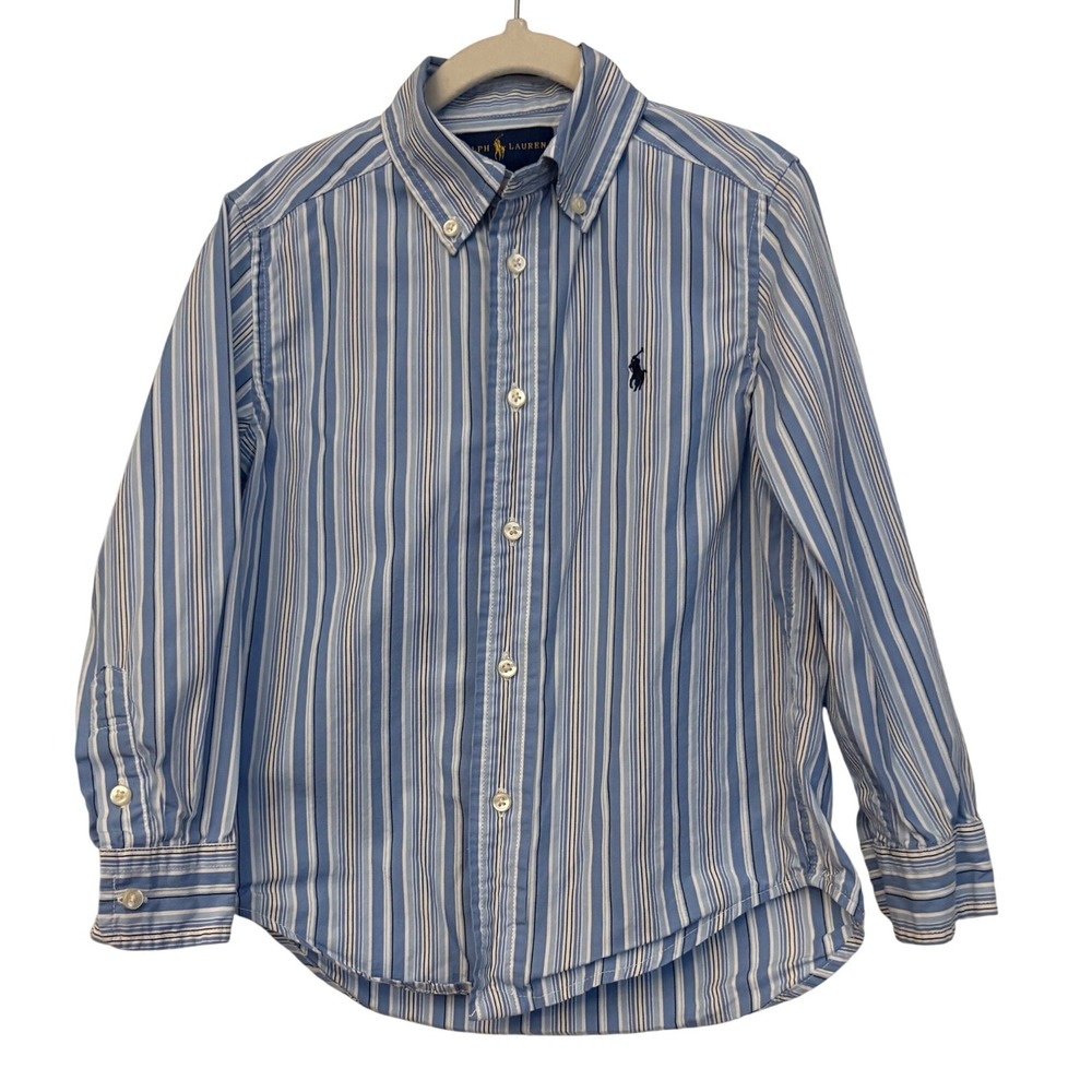Ralph Lauren Boys Blue White Striped Button Down Shirt‎ 4 4T Long Sleeve Cotton
